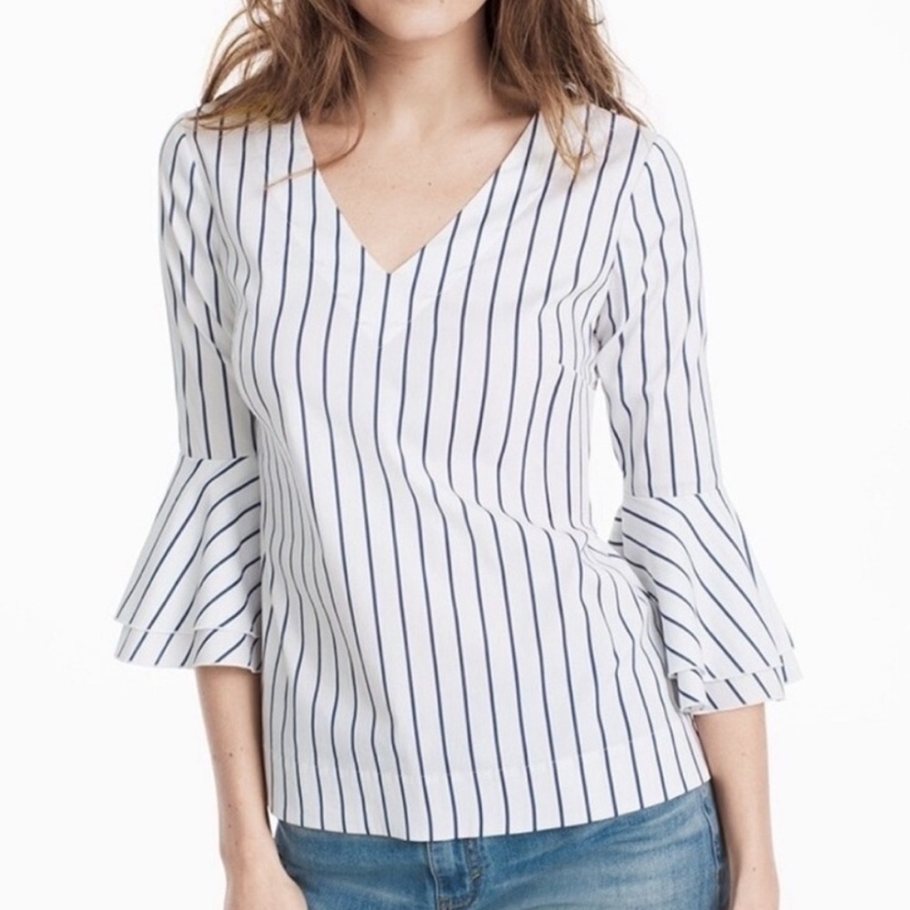 White House Black Market Navy Stripe V-Neck Blouse Flare Bell Sleeve Top Size S